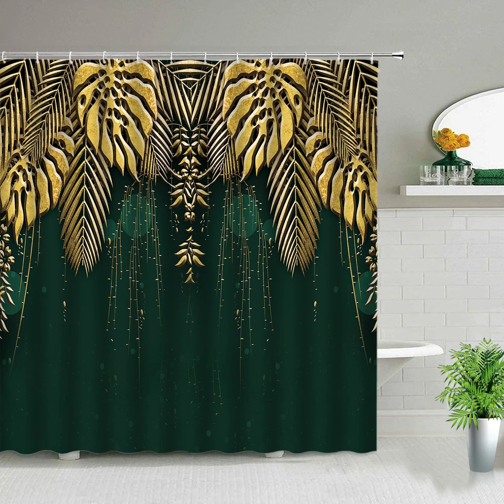 Tropical Green Plant Bathroom Shower Curtains Black Background Gold Palm Leaf Pattern Bath Curtain Waterproof Bathtub Home Decor