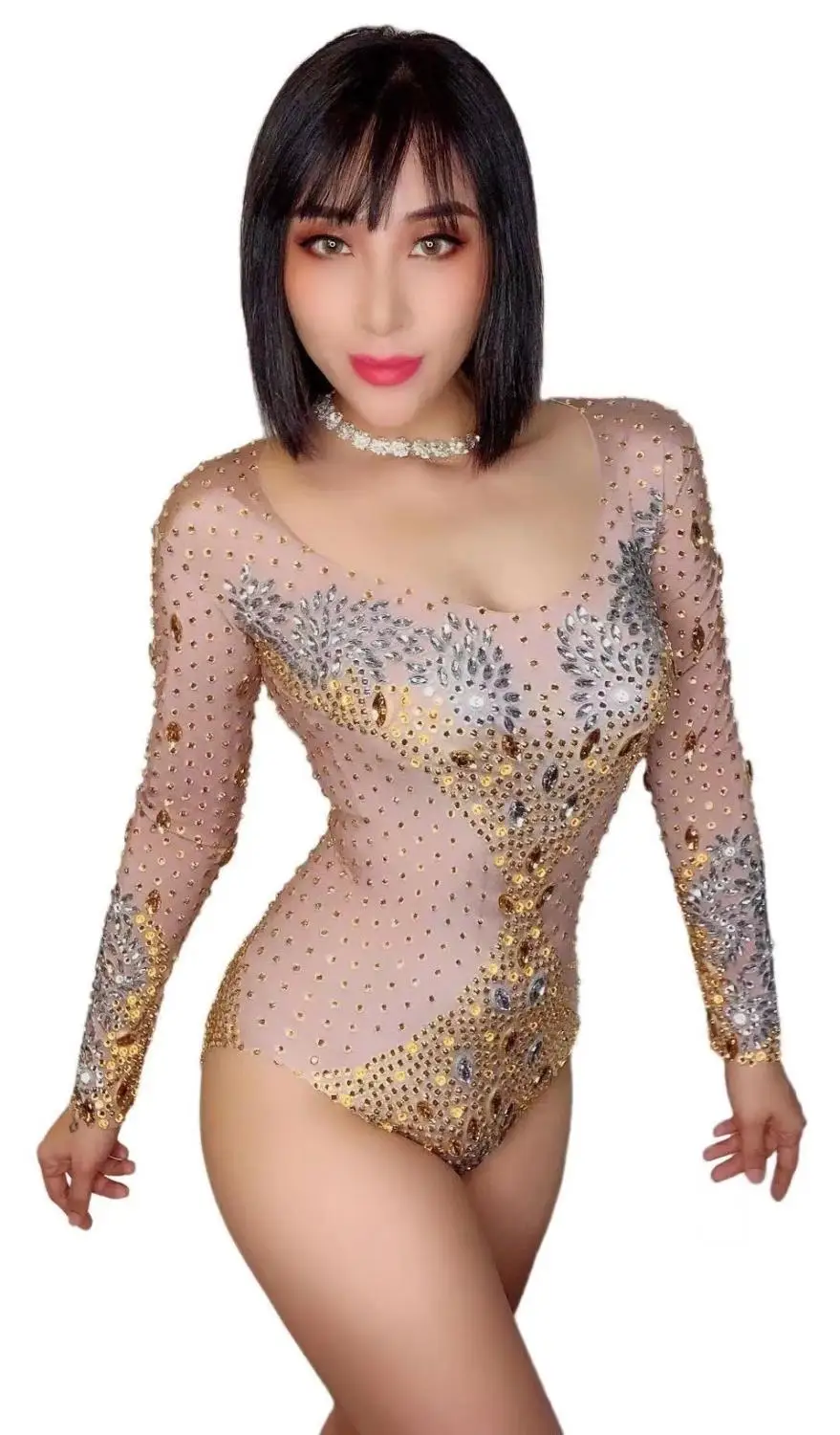 Stage show party girl nake kostuum Moderne dans bodysuit lente jumpsuit