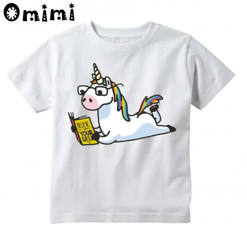 

Kids Read The Book Rainbow Unicorn Design T Shirt Boys and Girls Great Casual Short Sleeve Tops Children's Cute T-Shirt