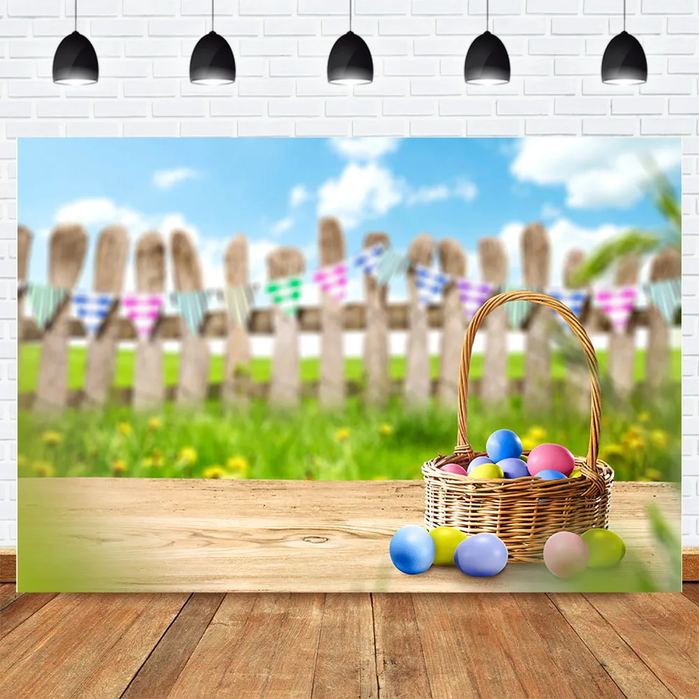 

Spring Easter Egg Photography Backdrop Spring Bokeh Blue Sky Fence Photo Background Newborn Birthday Photographic Photocall