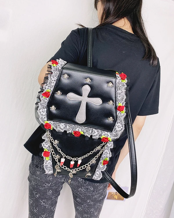 Goth Style Women Shoulder Bag Fashion Coffin Shape Skull Rivets Purses and Handbags for Girls Female Flower Lace Crosbody Bag