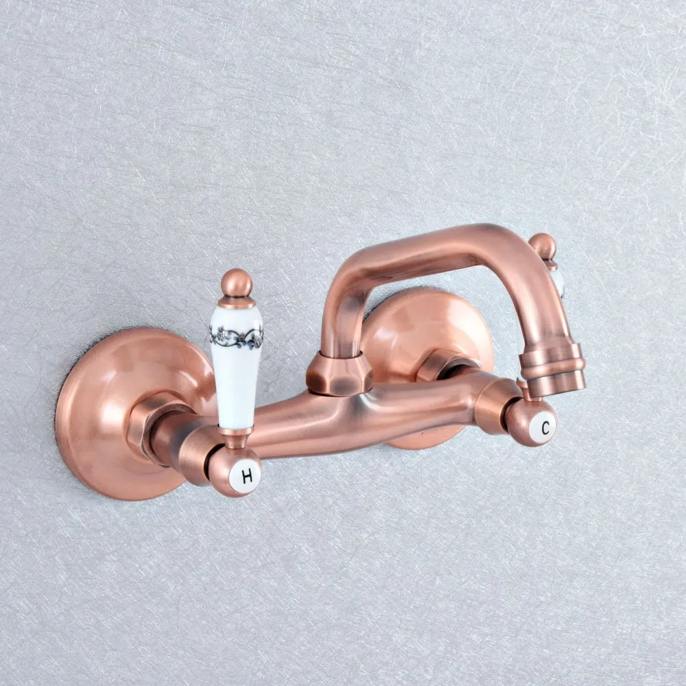 

Antique Red Copper Bathroom Basin Swivel Spout Faucet Wall Mounted Dual Ceramic Handles Vessel Sink Mixer Taps zsf869