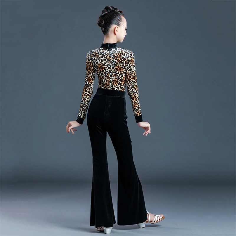 Kids Ballroom Dance Clothes Girls Leopard Latin Top Velvet Flared Pants Latin Dance Competition Costume Practice Wear SL5994