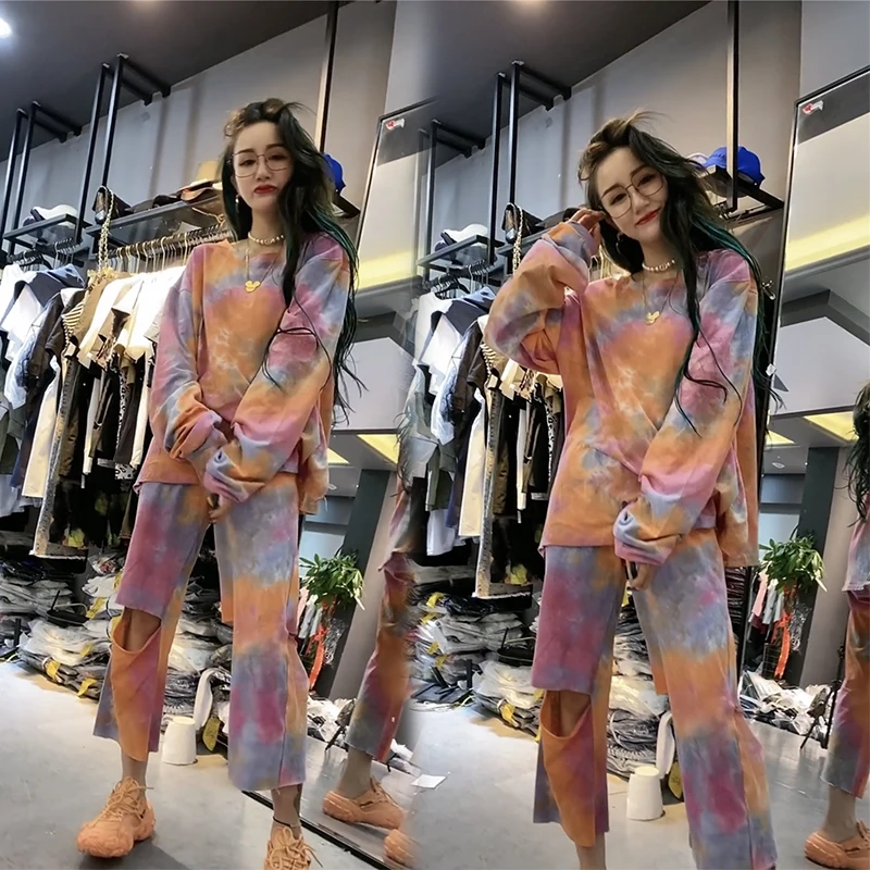 

Spring And Autumn 2 Piece Sets Women Fashion Print Casual Long Sleeve T Shirt And Ripped Wide-leg Pants Drawstring Two-piece Set