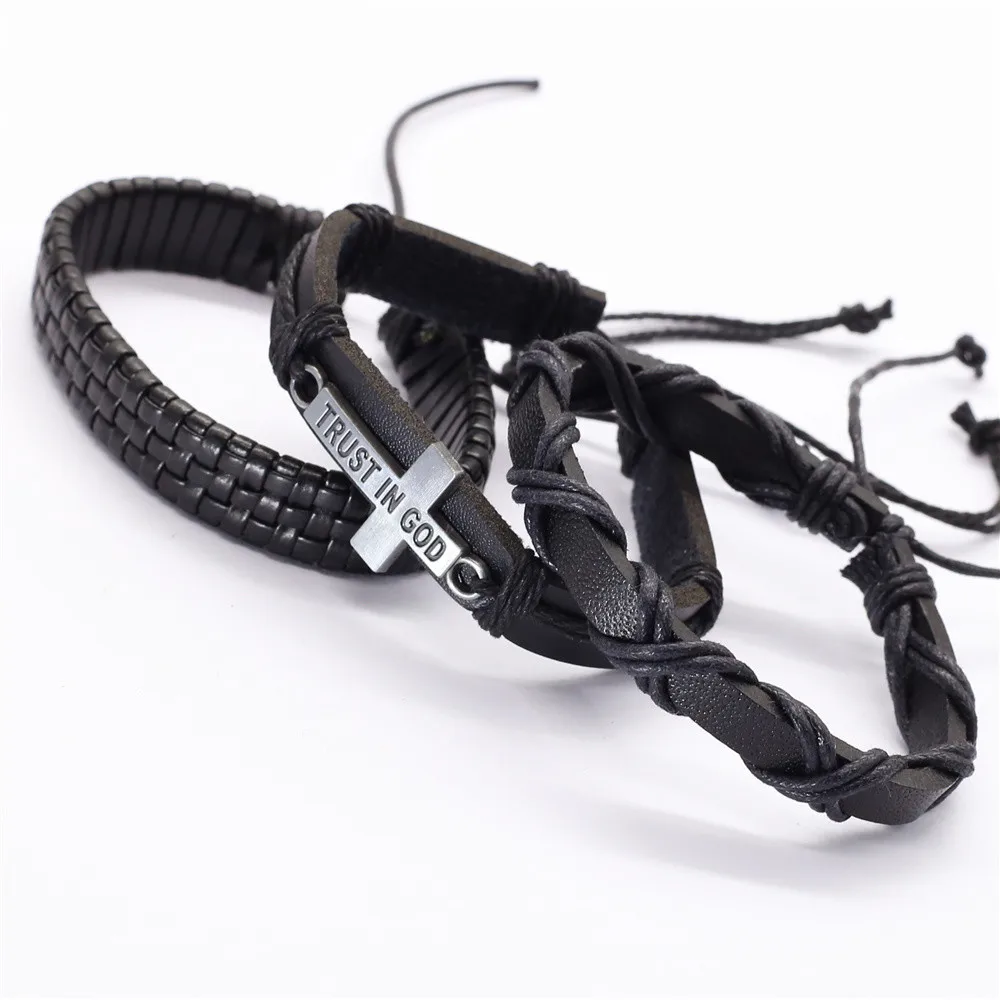 Trendy Black Brown Genuine Leather Woven Guitar TRUST IN GOD Cross Charm Men Bracelets Women Homme Casual Gift 3 Pcs/set Jewelry