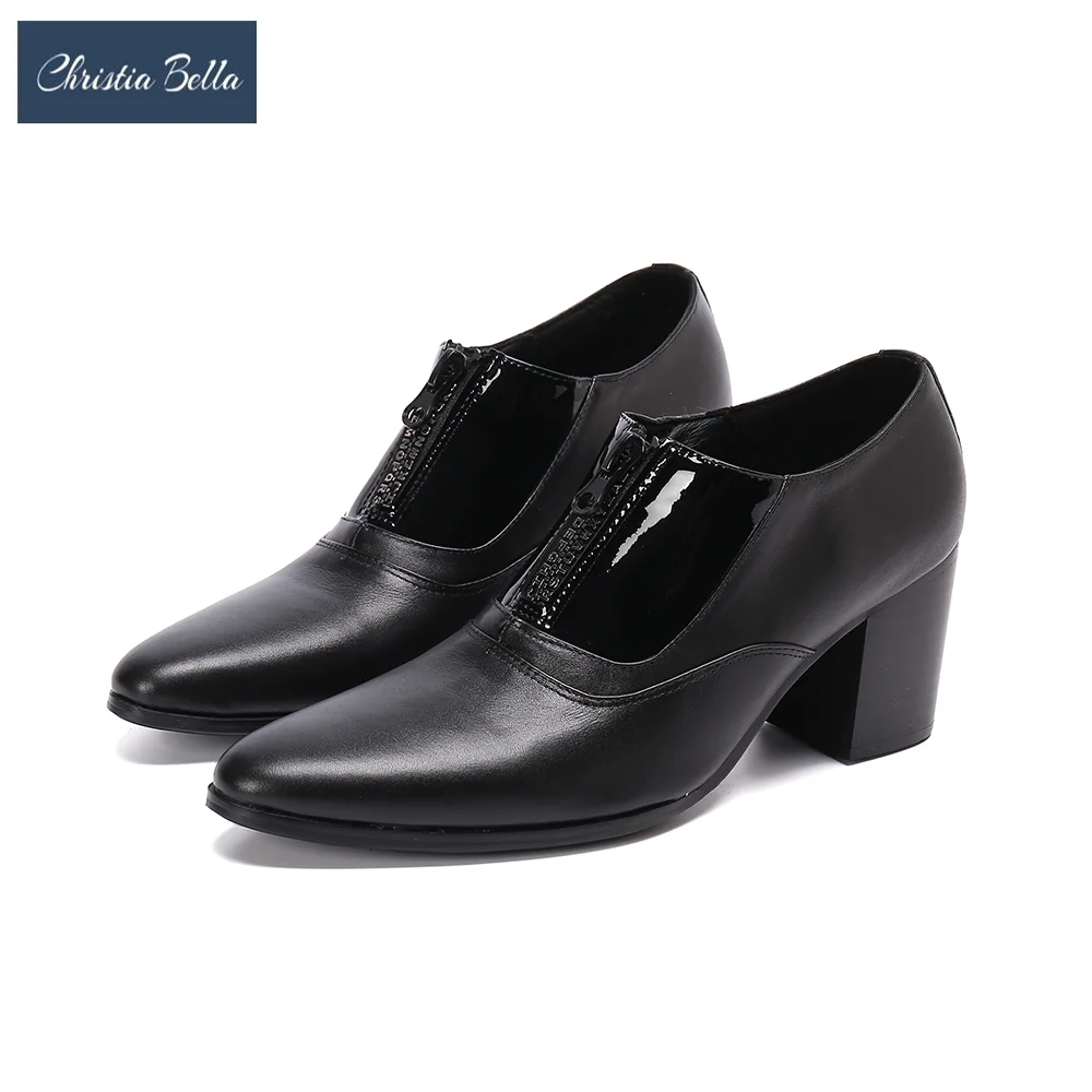 

British Style Black Pointed Toe Zipper High Heels Business Office Genuine Leather Formal Shoes Prom Party Wedding Evening Shoes