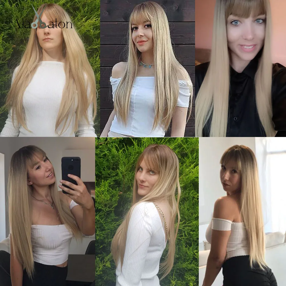 ALAN EATON syntetyczne włosy peruki z Bangs długie jedwabne proste peruki dla kobiet żaroodporne Ombre czarny brązowy złoty Cosplay peruki
