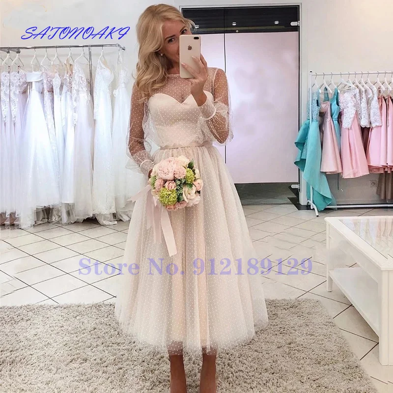 

Vintage Long Sleeves Evening Dress Lace Point Net Tea Length Prom Party Graduation Formal Vestido De Fiesta Robe Soirée Sukienka