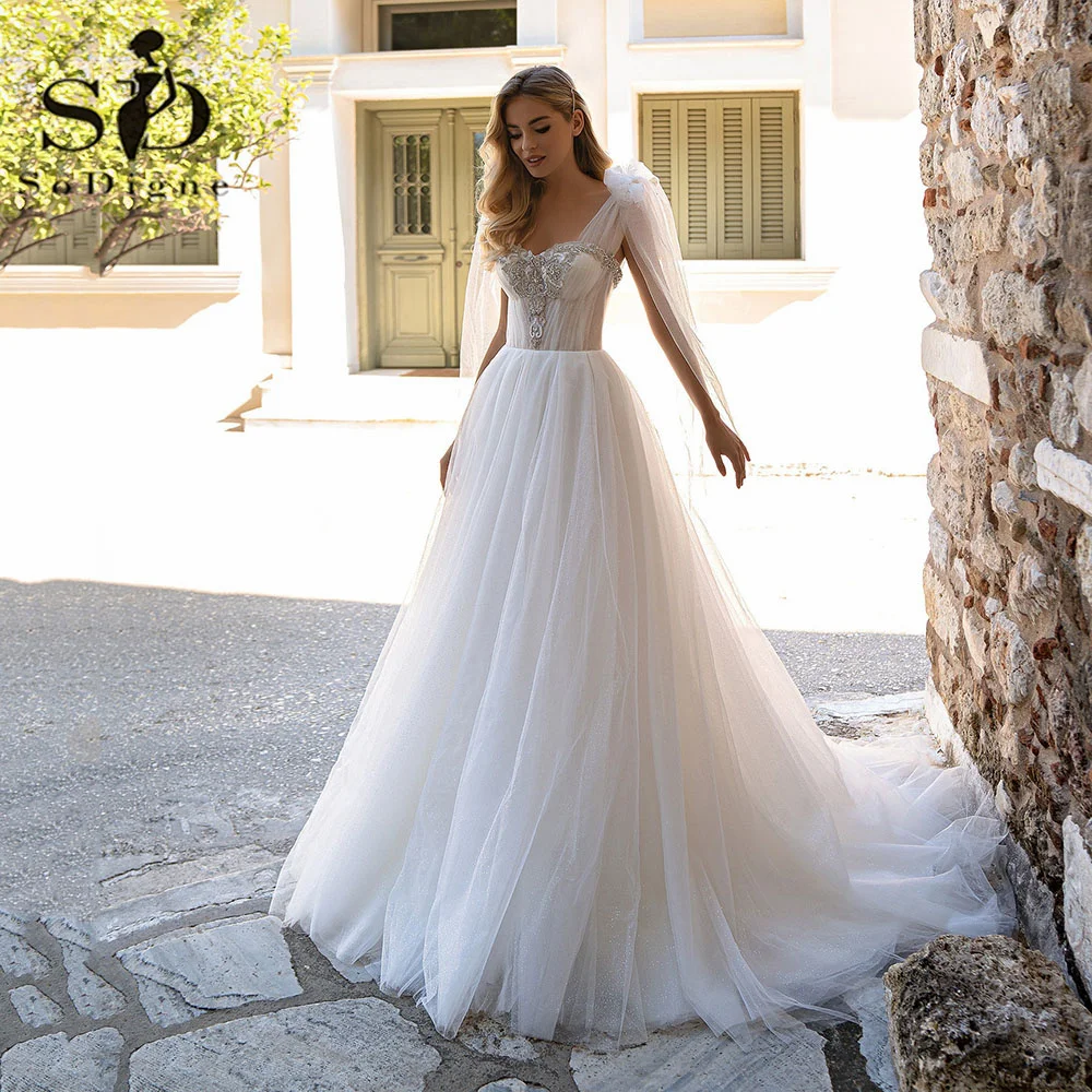 SoDigne Boho Moderne Glitter Hochzeit Kleider Spitze Appliques Falten Elfenbein Brautkleid Strap Bogen Tüll Korsett Prinzessin Brautkleid