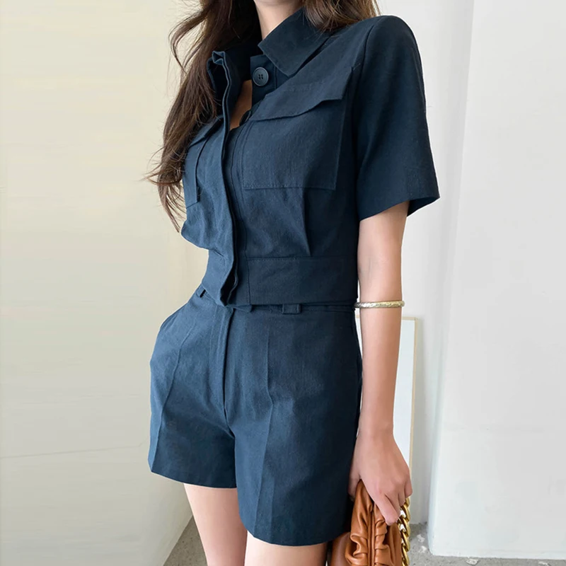 New Fashion Korean Style Y2K Summer Women 2 Pieces Outfit Suit Formal Casual Short Cropped Tops Shirt Blouse And Shorts Slim Set