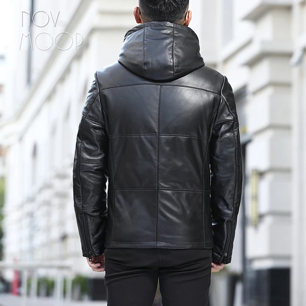 Novmoop Canada chic style men winter black sheepskin genuine leather hooded down coat thick jacket erkek montlar abrigos LT2979