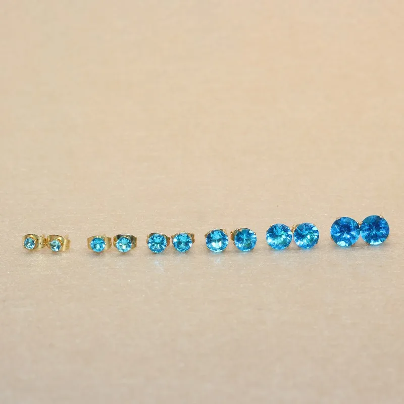Size 3mm to 8mm 316L Stainless Steel Ocean Blue Color Round Zircon Stud Earrings  No Fade Allergy Free Brief Jewelry