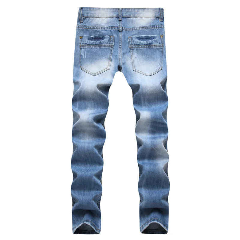 

Mens New Jeans Casual Hole Ripped Straight Long Denim Pants Light Blue Washed Biker Trousers Cowboy Party Wear Young Man