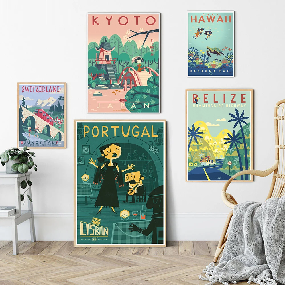 Nordic Cartoon Travel Poster Japan Portugal Hawaii Canvas Painting Abstract Modern Wall Art Picture for Living Room Home Decor