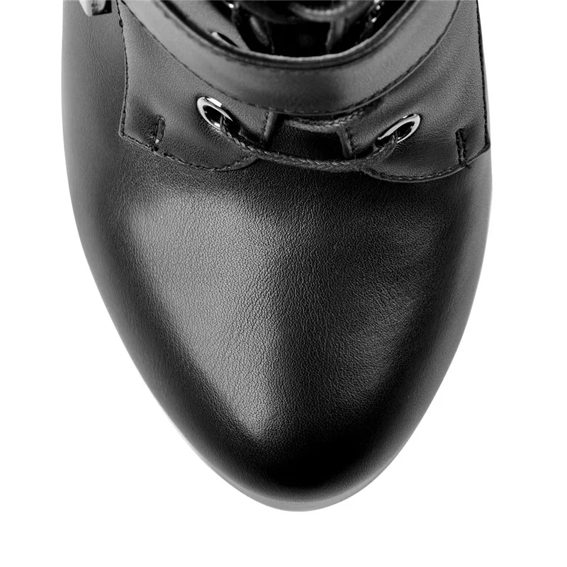Onlymaker Women Platform Ankle Booties Black 16CM High Thin Heel Fashion Heeled Metal Plates Buckle Stilettos Boots
