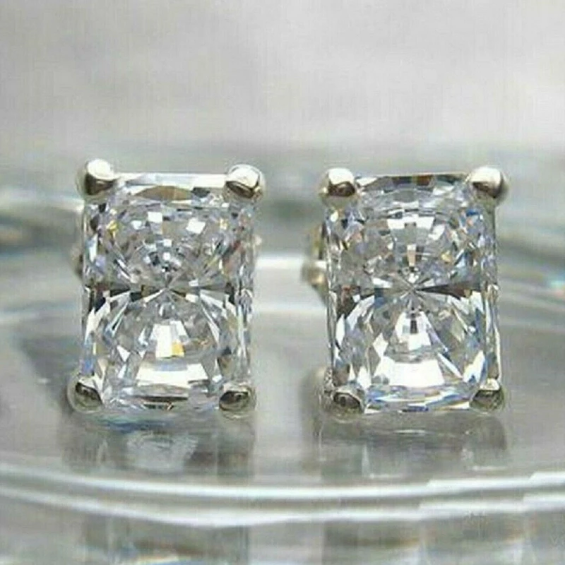 Huitan Rectangle Cubic Zirconia Stud Earrings Simple Stylish Design Elegant Women Earrings Silver Color Wedding Eternity Jewelry