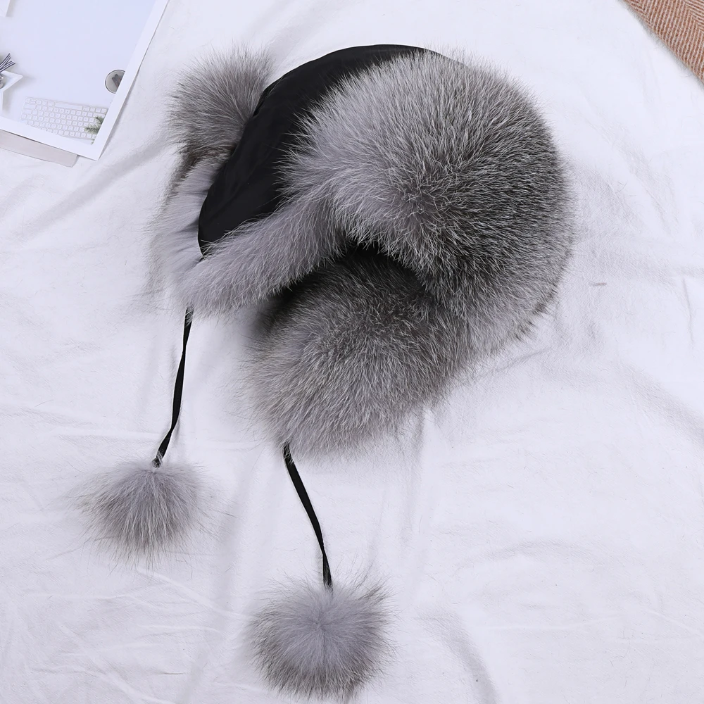 

Fur Hat for Women Natural Raccoon Fox Fur Russian Ushanka Hats Winter Thick Warm Ears Fashion Aviator trapper Bomber Snow Cap