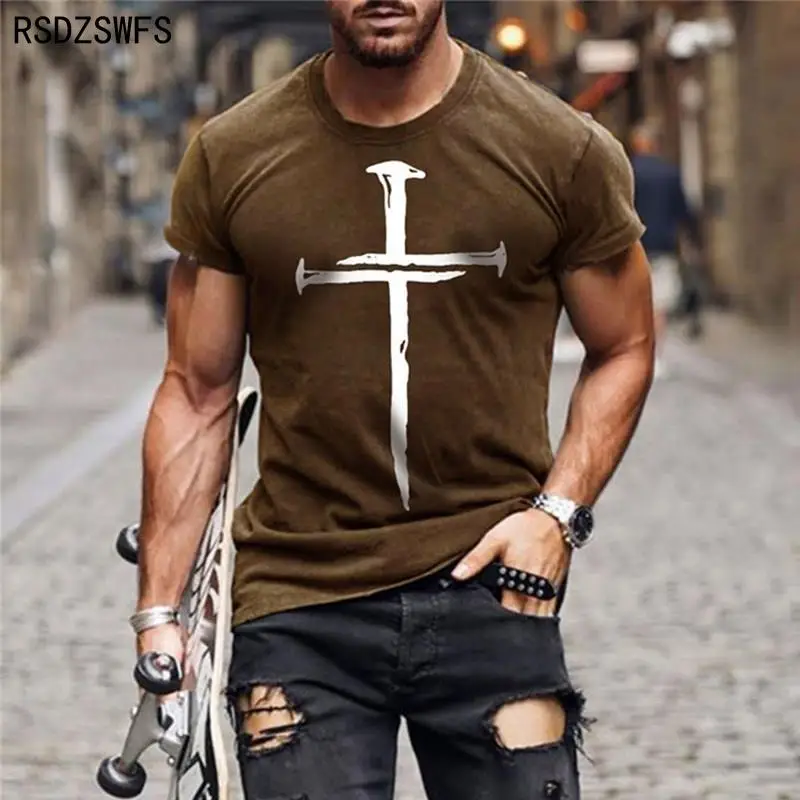 Men\'s Jesus Christ Cross 3D printed T-Shirt Summer Casual All-Match Fashion Short-Sleeved Oversized Round Neck Streetwear