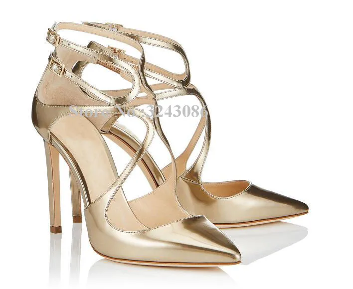 Lady New Gold Straps High Heel Sandals Shoes Fashion Best Design Buckle Stiletto Heel Pumps Sandals Women Large Size Party Shoes