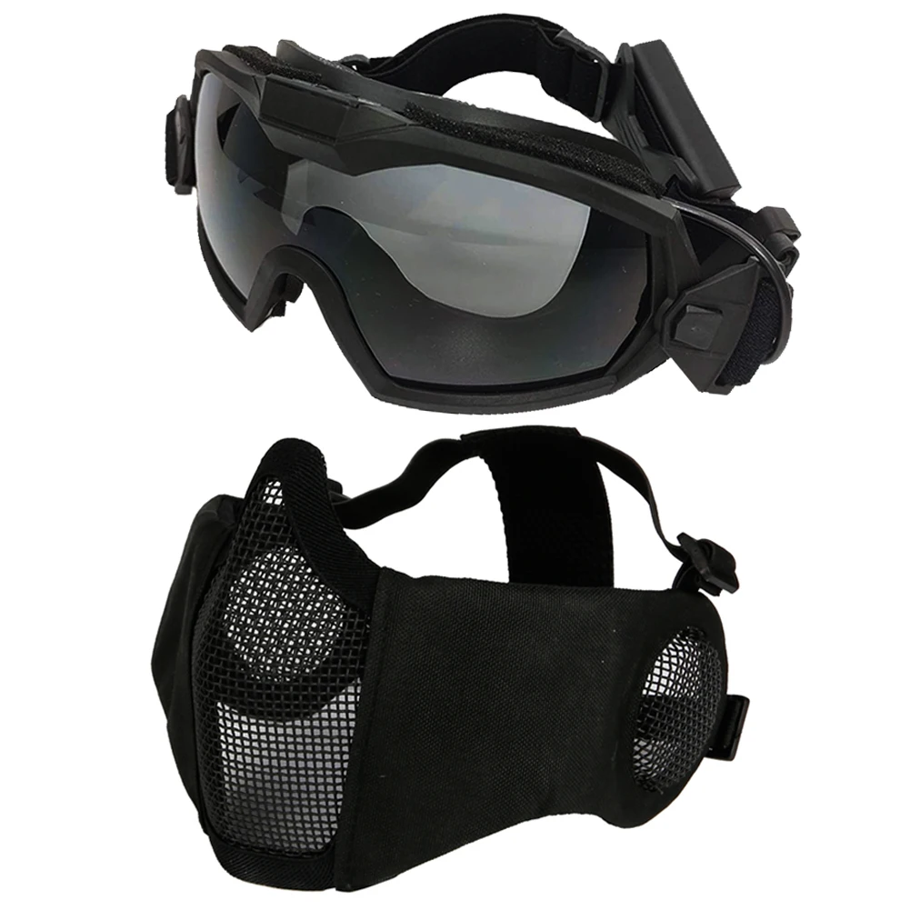 Airsoft Half Face Mask Steel Mesh and Anti-Fog Goggles Set With Mini Fan Eyes Protection For Paintball BB's Airsoft Shooting