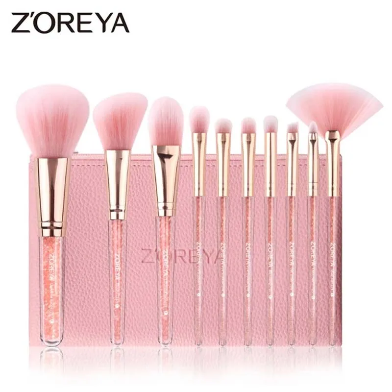 ZOREYA 10PCS Pink Crystal Foundation Makeup Brush Concealer Blusher Make Up Brush Set Super Soft Synthetic Hair Cosmetic Tools