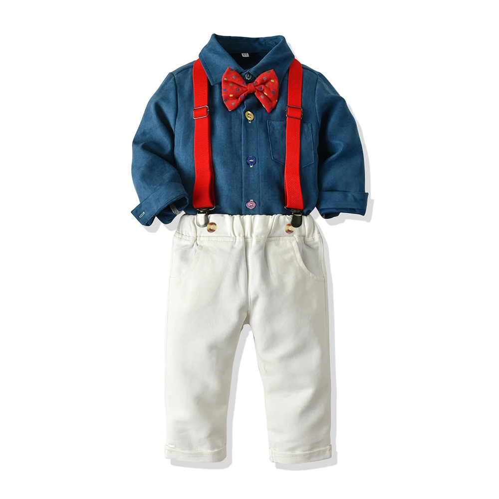 

Tem Doger 2020 Autumn High Quality Child Kid Gentleman Suit Solid Long Sleeve Bowtie Shirt+Suspenders Trousers 2Pcs Clothes set