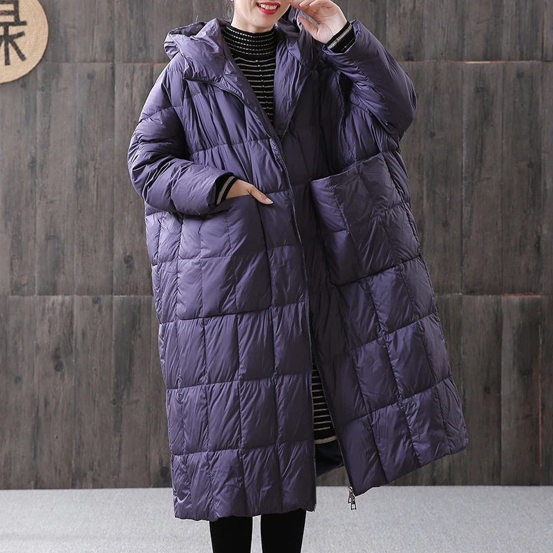 Winter Women Oversize Coat 90%  Loose Long Duck Down Jacket Female Size Overcoat Winter Jacket Women Stitching Hooded Parkas