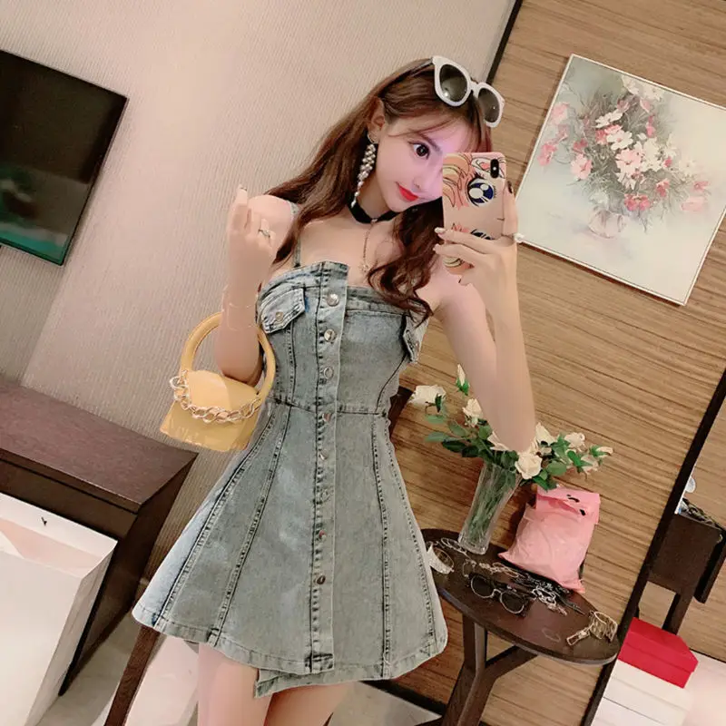 

Denim Solid Dress Women 2022 Spring Chic Korean Sweet Elegant High Waist Vestidos Fashion Bodycon Sexy off shoulder Dresses New