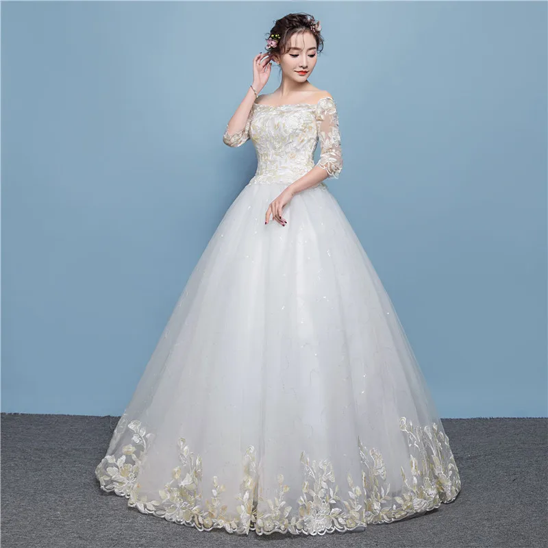 Trouwjurk Illusion Boothals Half Tulle Lace Lovertjes Borduurwerk Uit De Schouder Luxe Wit Vintage Dame Bruid Gown GB171