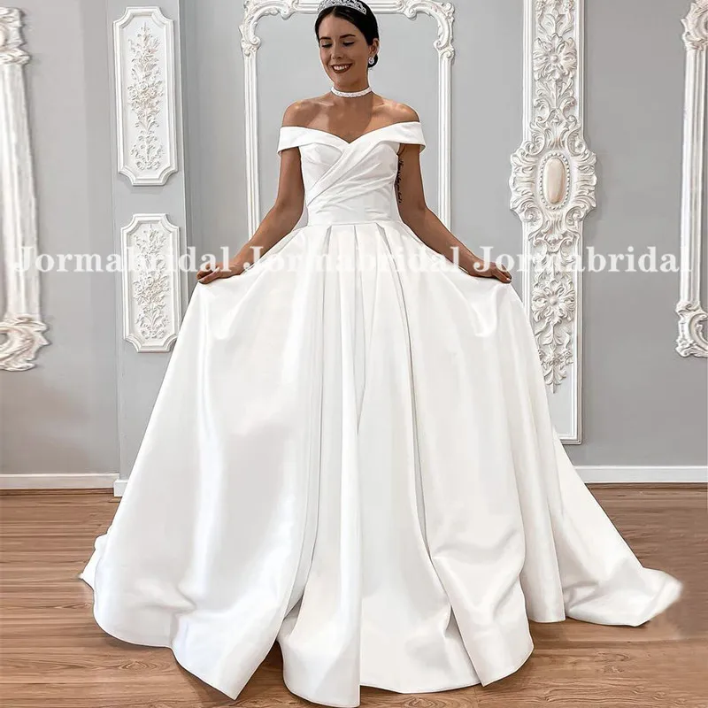 

Boat Neck Satin Wedding Dresses A-Line Off Shoulder Corset White Bridal Gowns Drapped Skirt Bride Dress vestidos de boda