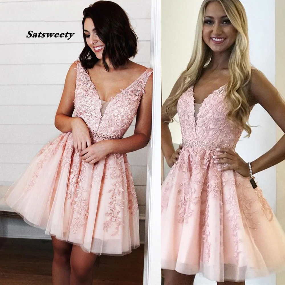 Vestidos De Cóctel Ngắn Homecoming Áo V Một Đường Ren Appliques Đầm Vestido Curto Tinh Thể Tiệc Cocktail Áo Hở Lưng