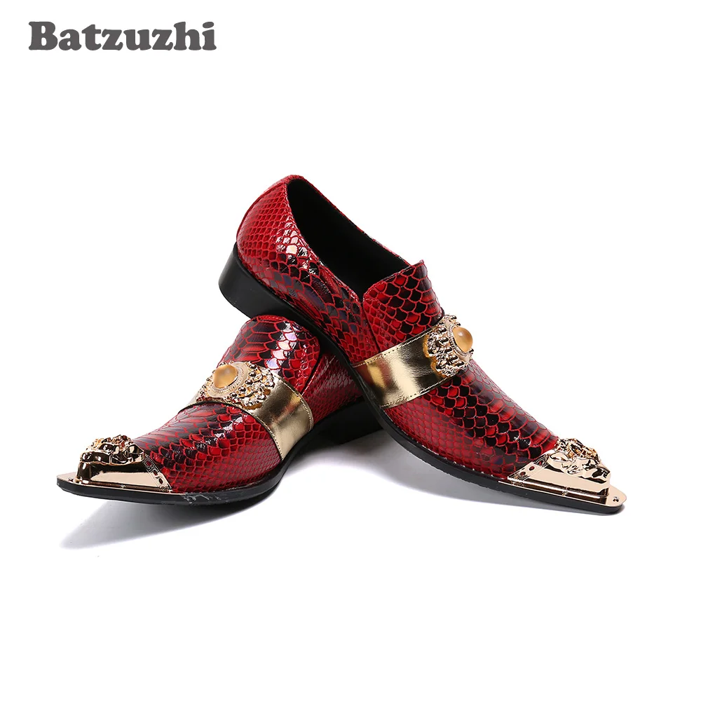 

Batzuzhi Genuine Leather Dress Shoes Men Luxury Handmade Men's Shoes Gold Metal Toe Red Party and Wedding Zapatos Hombre, US6-12