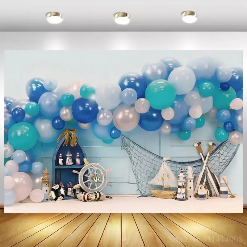 خلفية تصوير لقارب القراصنة ، بالونات وردية وزرقاء ، ديكور شبكة صيد ، هاتف ضوئي لعيد ميلاد المولود الجديد ، خلفية Photozone