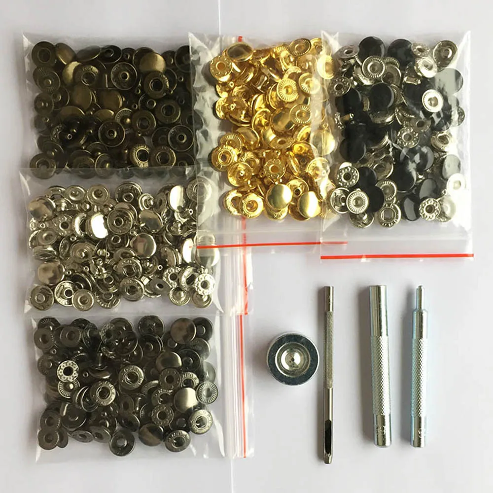 50set di elementi di fissaggio a scatto in pelle Kit 10mm 12mm 15mm 655 633 831 bottoni a pressione in metallo e Set di 4 strumenti di installazione