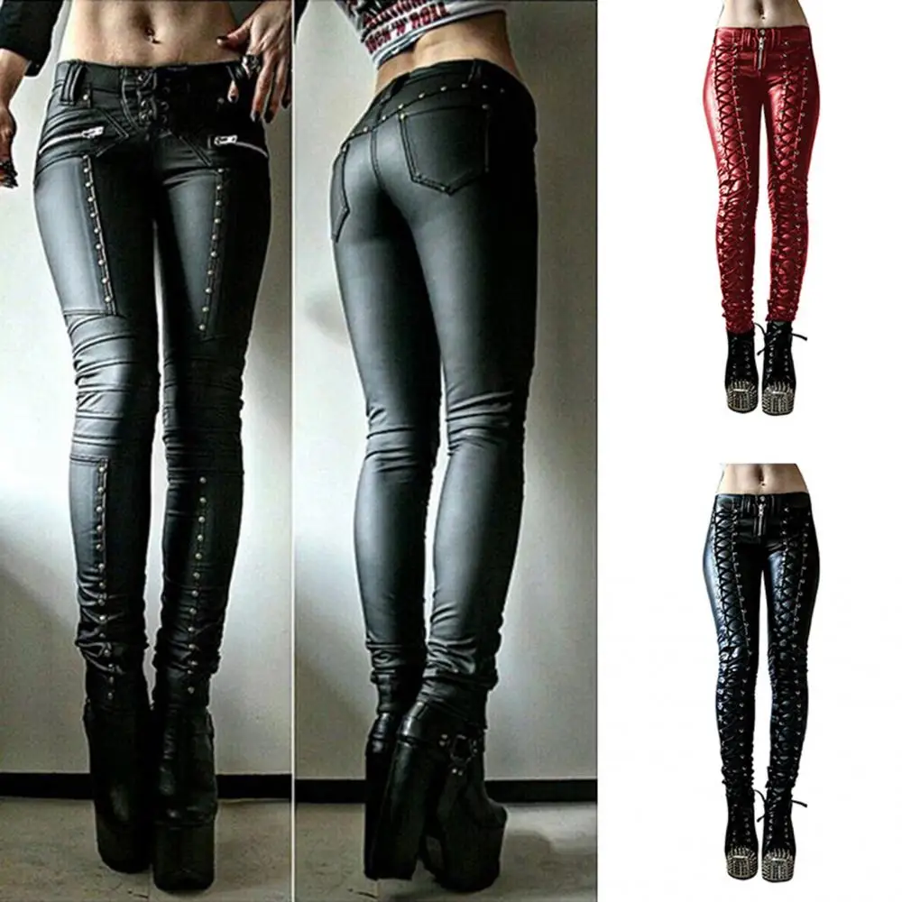 Women Pants Steampunk Women Faux Leather Ruffle Pants Carnival Party Skinny Button Trousers женские штаны mujer pantalones 2021