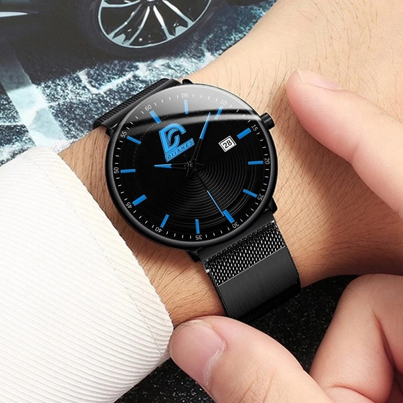 Reloj de pulsera minimalista para hombre, cronógrafo ultrafino con hebilla magnética, correa de malla de acero inoxidable, de cuarzo, a la moda, 2023