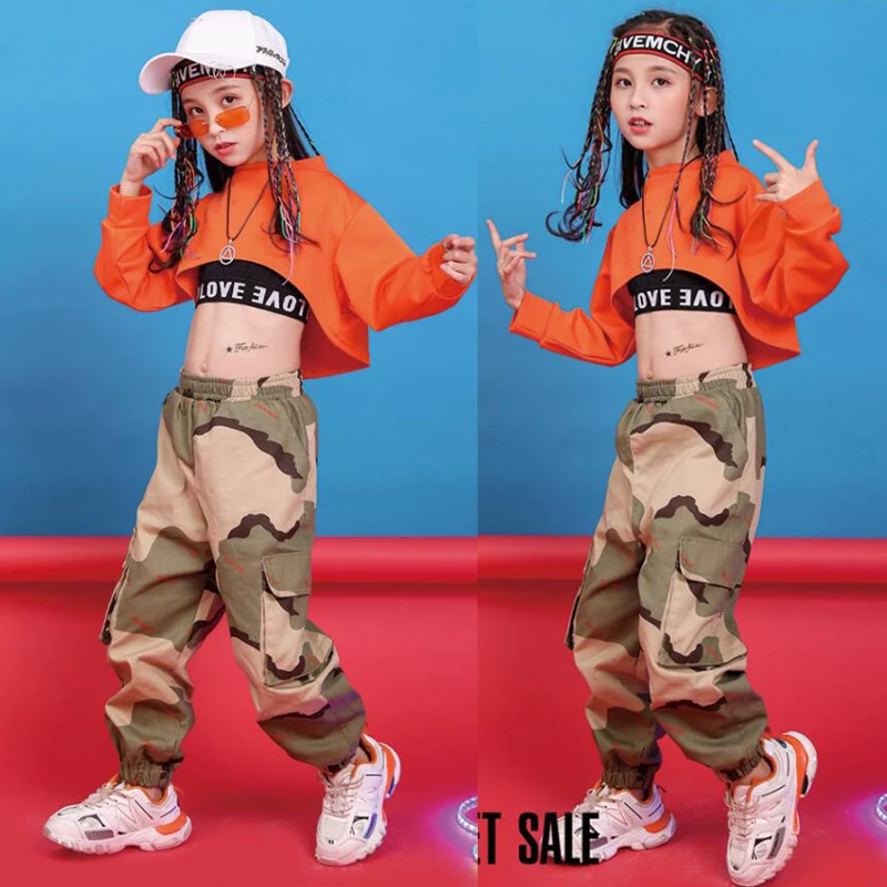 Children Hip Hop Clothing Sweatshirt Top Crop Running Casual Pants for Girl Kid Jazz Dance Costume Wear Ballroom Dancing Clothes