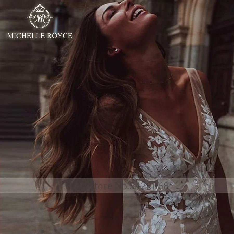 Michelle Royce-vestidos de novia de sirena para mujer, en V profundo con escote vestido de novia, apliques con espalda descubierta, cola de la campana, 2022 Vestidos De Novia