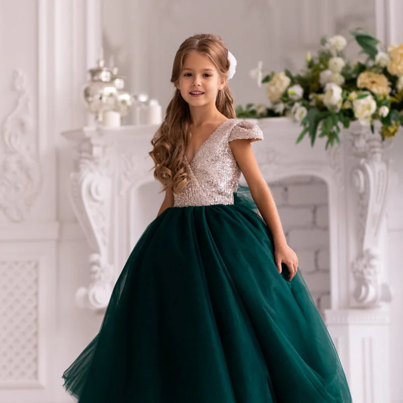 Yipeisha V-ausschnitt Kappen-hülsen Blume Mädchen Kleid Ballkleid Pailletten Prom Party Kleid für Kinder Erstkommunion Kleider vestido infanti