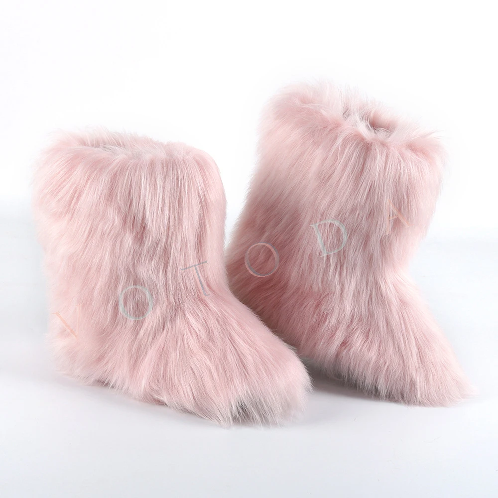 Hot Women Warm Fur Boots Woman Winter Plush Faux Fur Snow Boots Ladies Furry Outdoor Slip On Shoes Female Cozy Fuzzy Cotton Boot