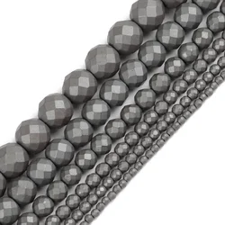 JHNBY Faceted Matte Black Hematite Beads Football Natural Stone Ore Round Loose Beads 2/3/4/6/8/10MM Jewelry Bracelet Making DIY