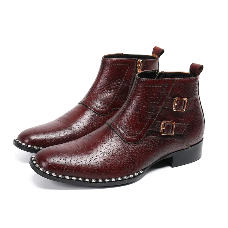 Red Ankle Boots Men 100% Genuine Leather Round Toe Boots Fashion Duble Buckle Straps Work Boots Mens New Plus Size 47 Flat Shoes