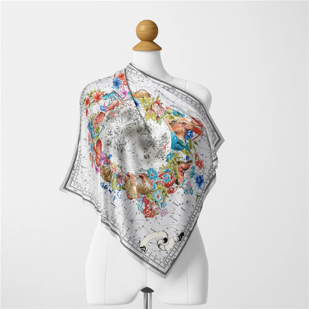 Twill Silk Scarf Woman Flowers Map Painting Square Scarves Wraps Bandana Small Hijab Silk Foulards Tie Headband Neckerchief 53CM