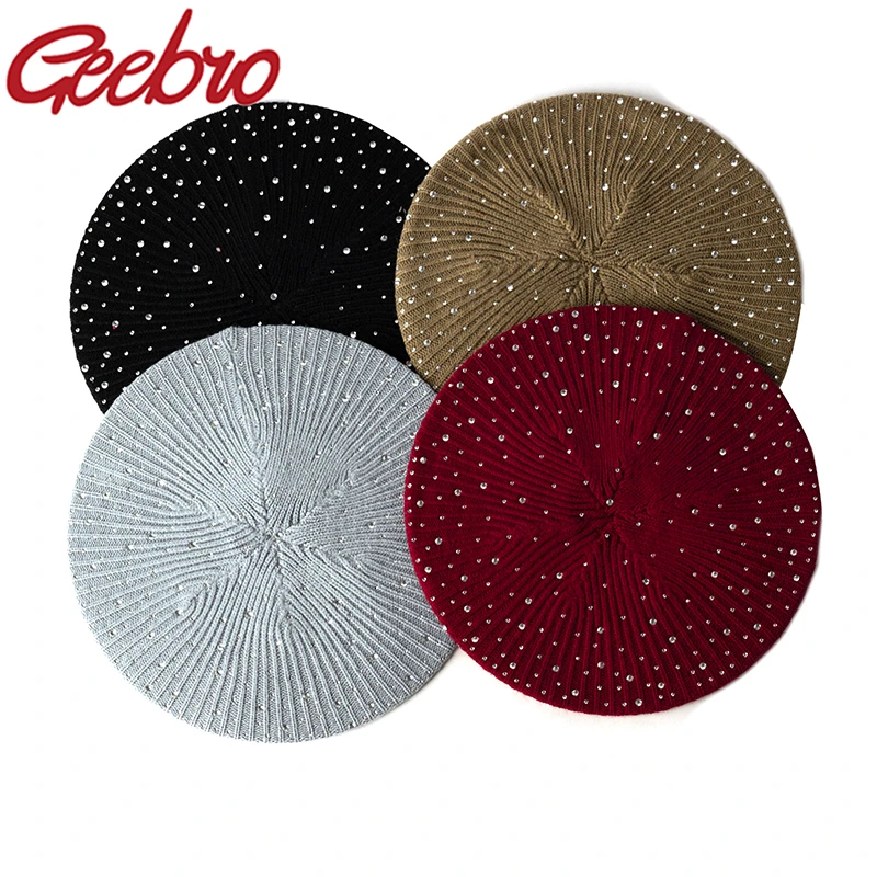 Geebro Acrylic Women's Beret Hats Warm Hot Rhinestone Fashion Berets Wild Temperament Elegant Autumn Spring Casual Hats Bonnet