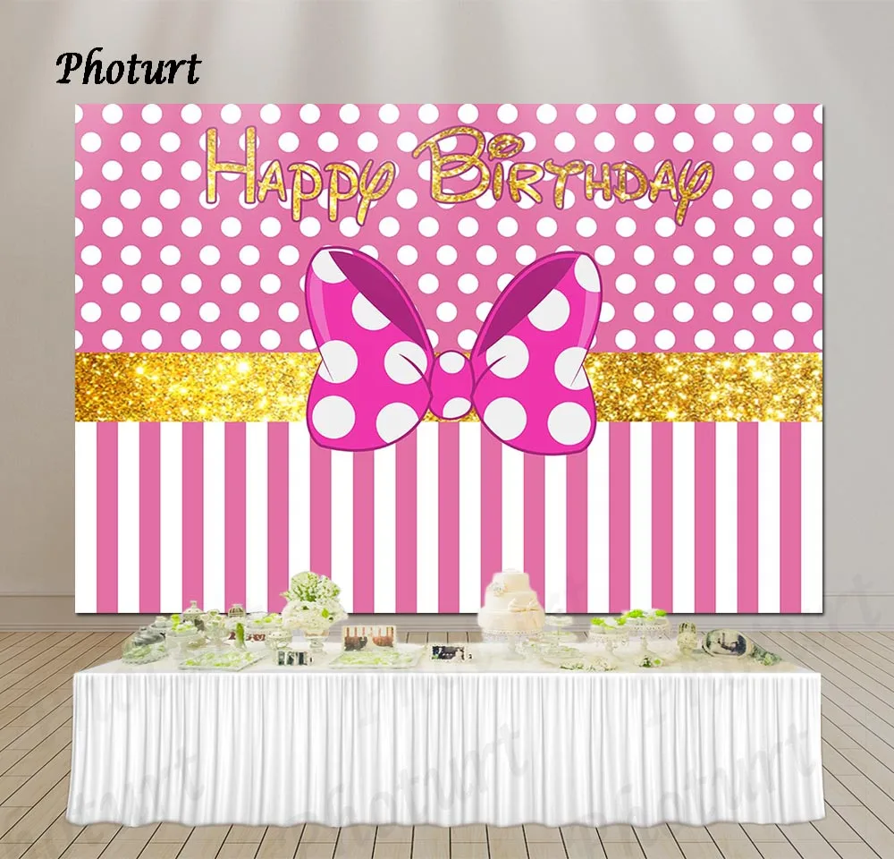 

PHOTURT Pink Golden Polka Backdrop Girl Birthday Party Banner Stripes Glitter Polyester Vinyl Photo Background Decorate Props