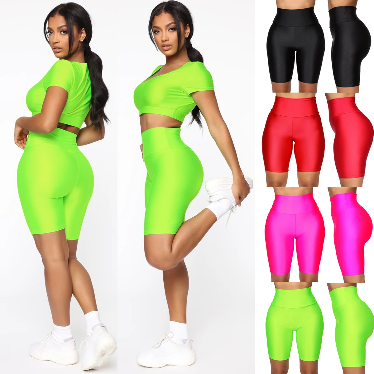 High Waist Neon Sexy Women Shorts Workout Fitness Hip Training Elastic Spandex Shorts Skinny Running Cycling Sportwear Joggings