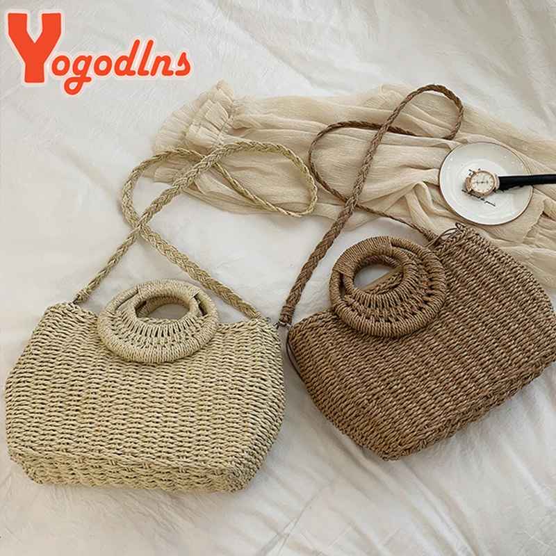 Summer Women Straw Beach Bag Handmade Crossbody Bag Raffia Circle Rattan Bags Bohemian Casual Woven Basket bags