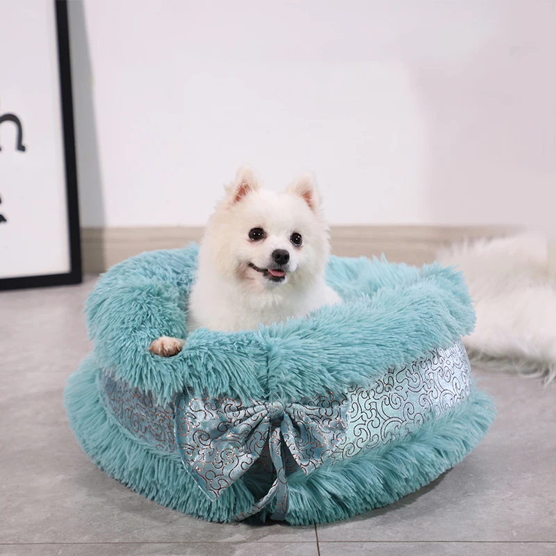 Pet Dog Bed Warm Fleece Round Bow Style Cat Kennel House Plush Winter Pet Nest For Small Large Dogs Soft Sofa Cushion Supplies