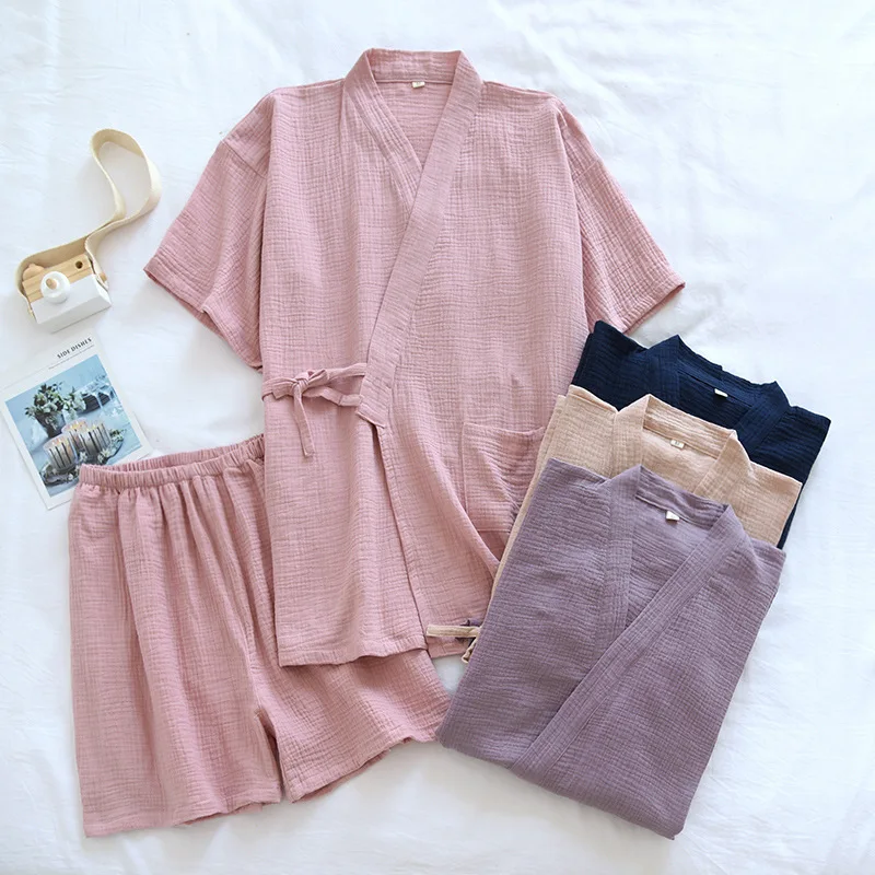

Summer Japanese Couple Kimono Pajamas Suit New Style Thin Cotton Crepe Short-Sleeved Shorts Two-Piece Men's Women's Home Wear