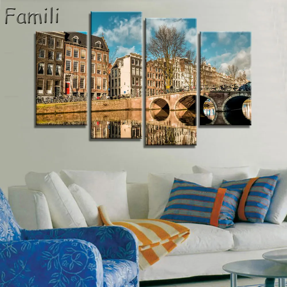 4pcs Modern Netherlands city Canvas art Painting on the Wall Modular Pictures vintage home decor Canvas Painting for Living Room